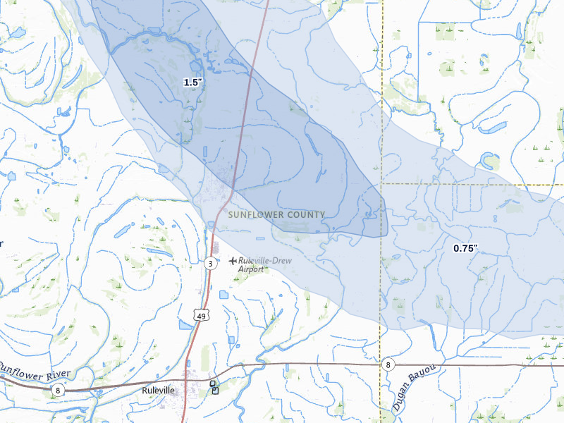 NEXRAD radar-signature map of the hail over Drew, MS
