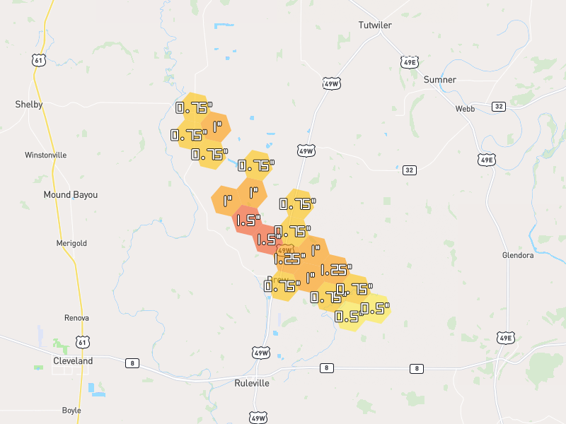 Hail map of Drew, MS on Jul 2, 2026, hail up to 1.5"
