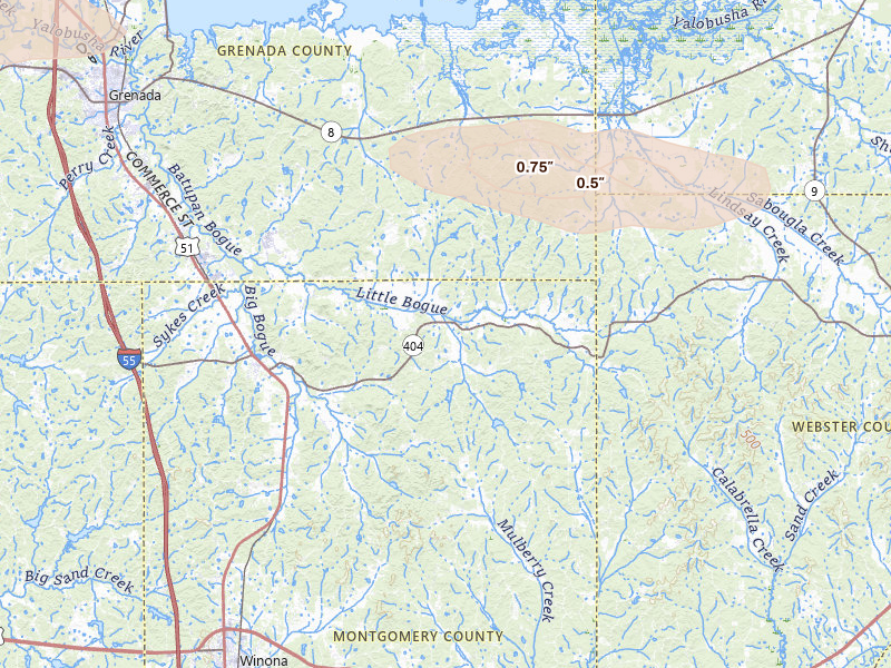 Radar-estimated hail-size map of the storm over Duck Hill, MS