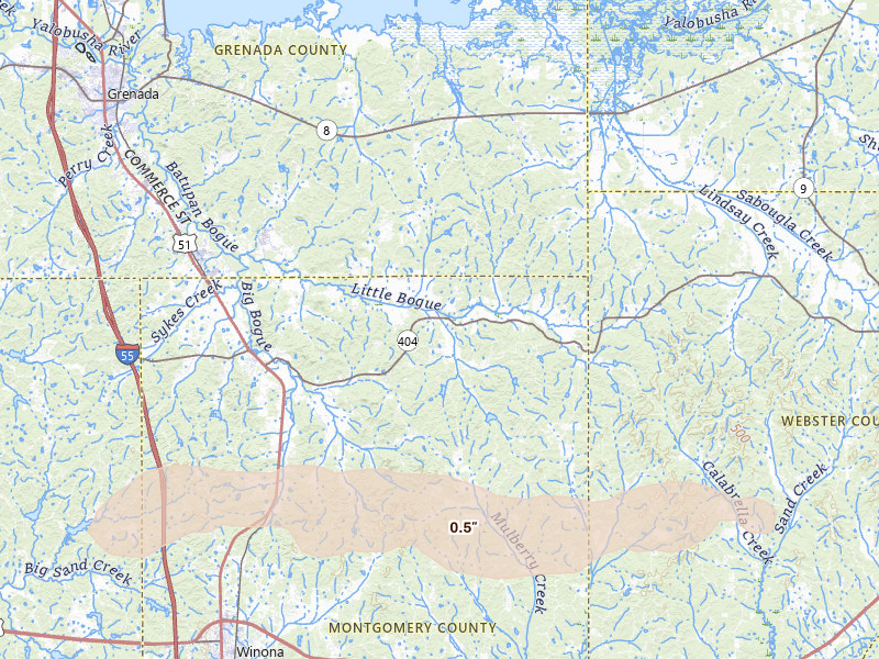Radar-estimated hail-size map of the storm over Duck Hill, MS on Apr 24, 2026