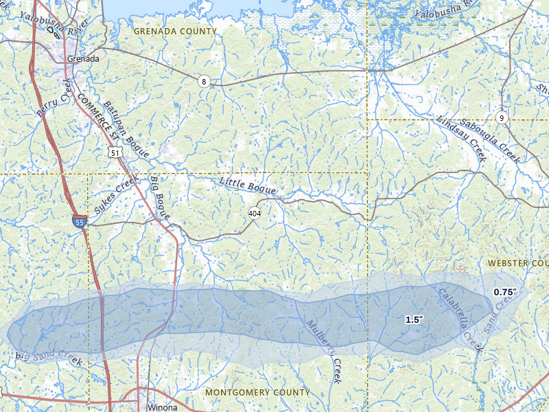 NEXRAD radar-signature map of the hail over Duck Hill, MS