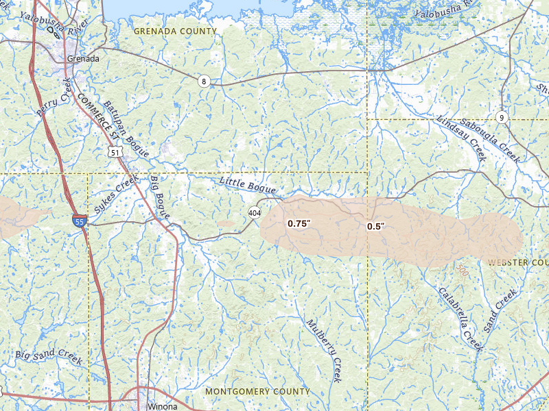 Radar-estimated hail-size map of the storm over Duck Hill, MS on Apr 28, 2026