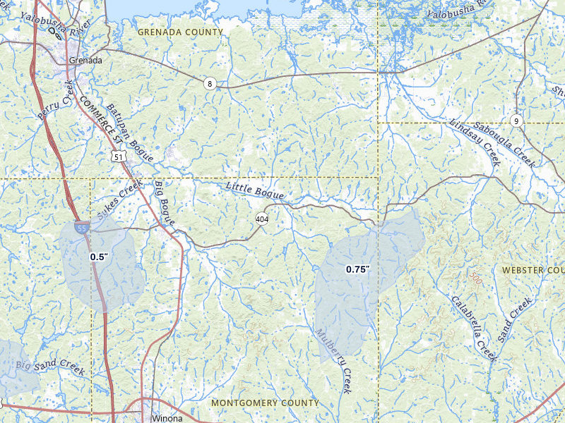NEXRAD radar-signature map of the hail over Duck Hill, MS