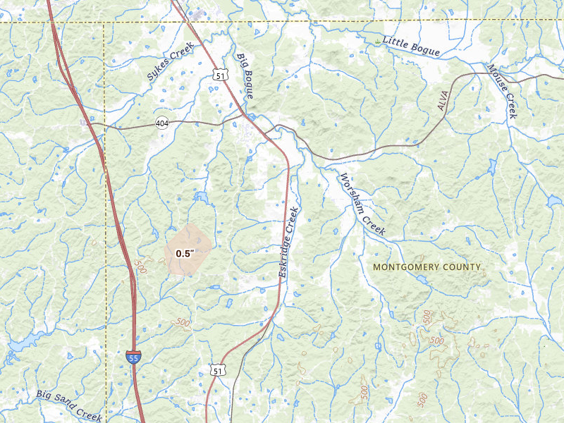 Radar-estimated hail-size map of the storm over Duck Hill, MS on Aug 9, 2026