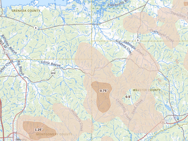 Radar-estimated hail-size map of the storm over Duck Hill, MS on Aug 20, 2026