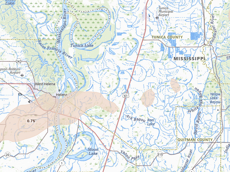 Radar-estimated hail-size map of the storm over Dundee, MS on Mar 15, 2026