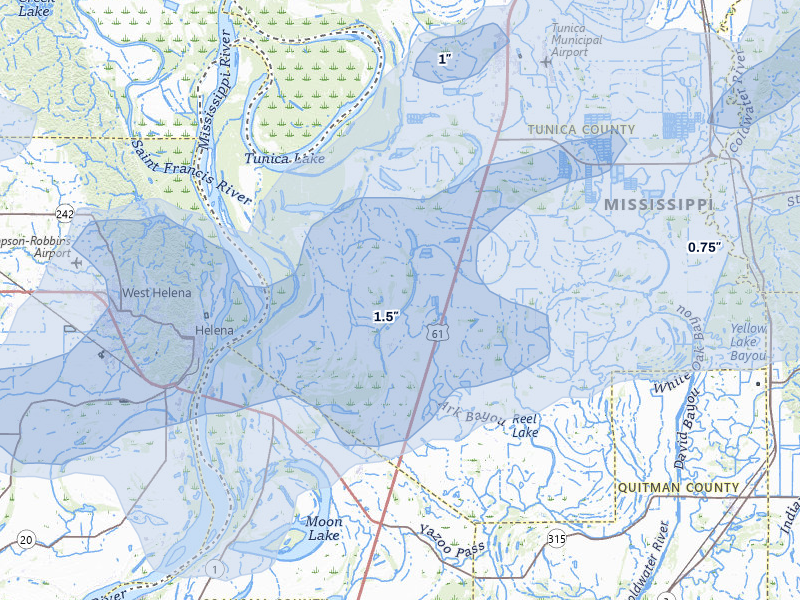 NEXRAD radar-signature map of the hail storm over Dundee, MS on Mar 15, 2026