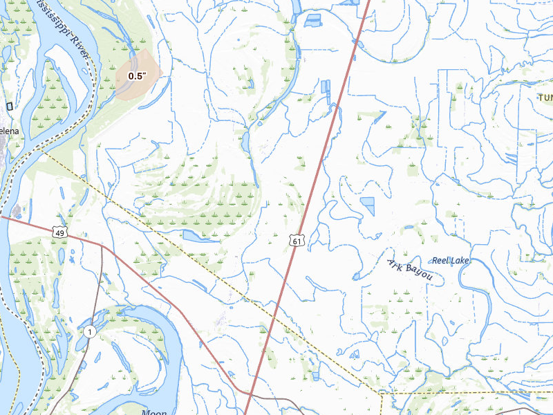 Radar-estimated hail-size map of the storm over Dundee, MS on Jul 14, 2026