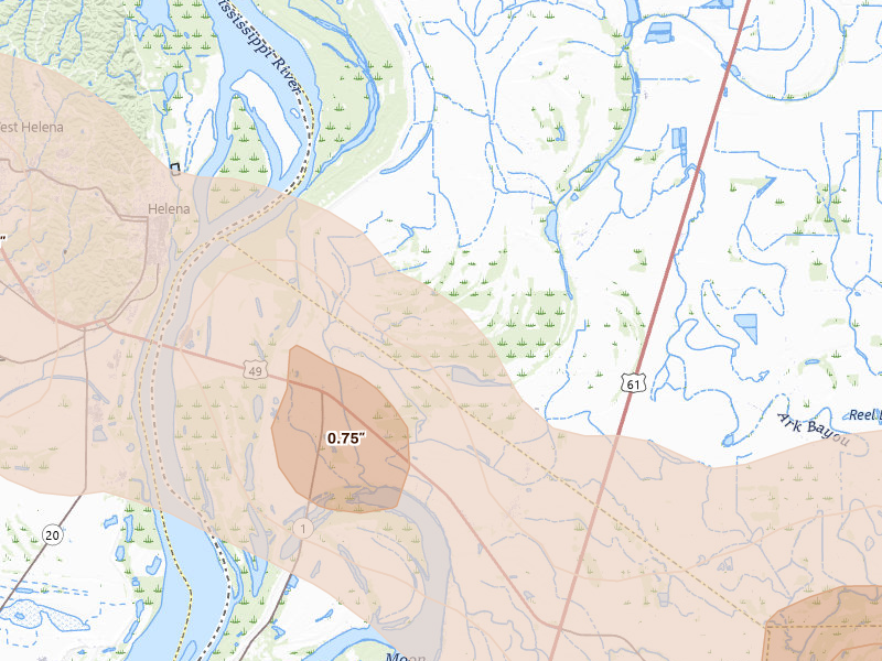Radar-estimated hail-size map of the storm over Dundee, MS on Aug 22, 2026