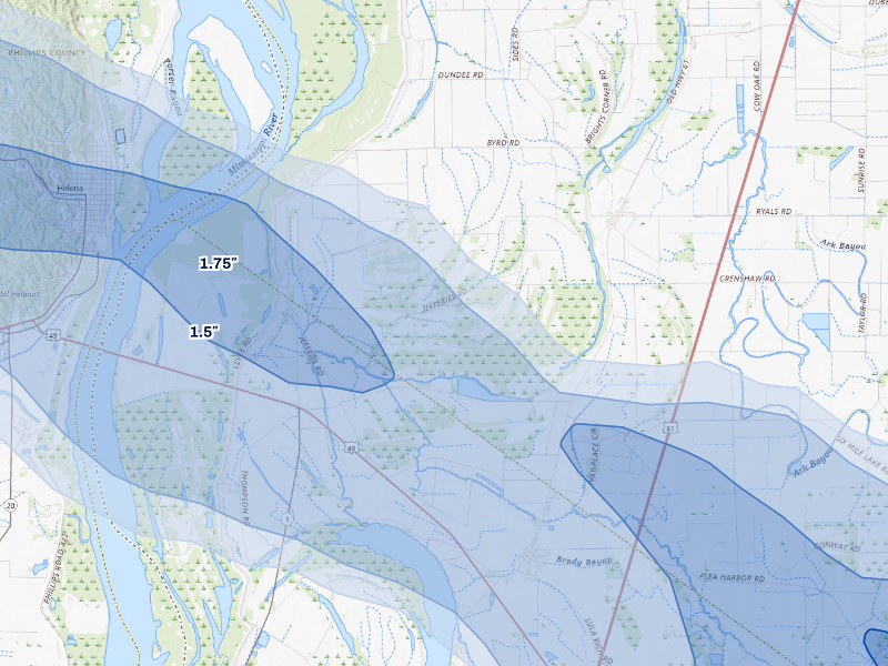 NEXRAD radar-signature map of the hail storm over Dundee, MS on Aug 22, 2026