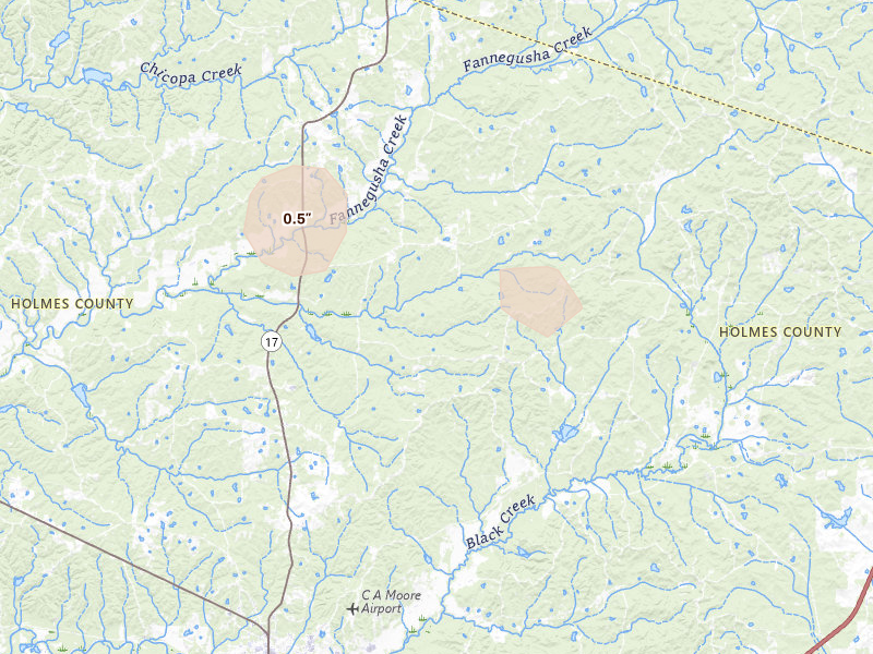 Radar-estimated hail-size map of the storm over Durant, MS on Jun 1, 2026