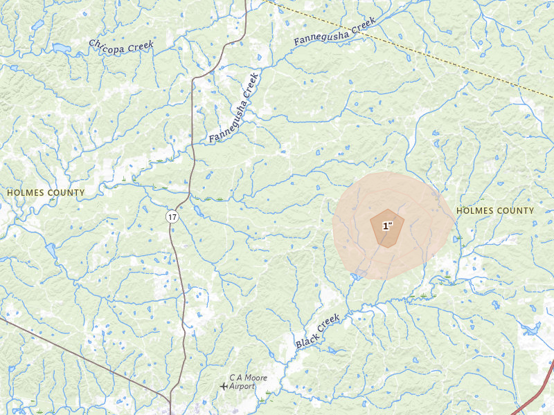 Radar-estimated hail-size map of the storm over Durant, MS on Jul 4, 2026