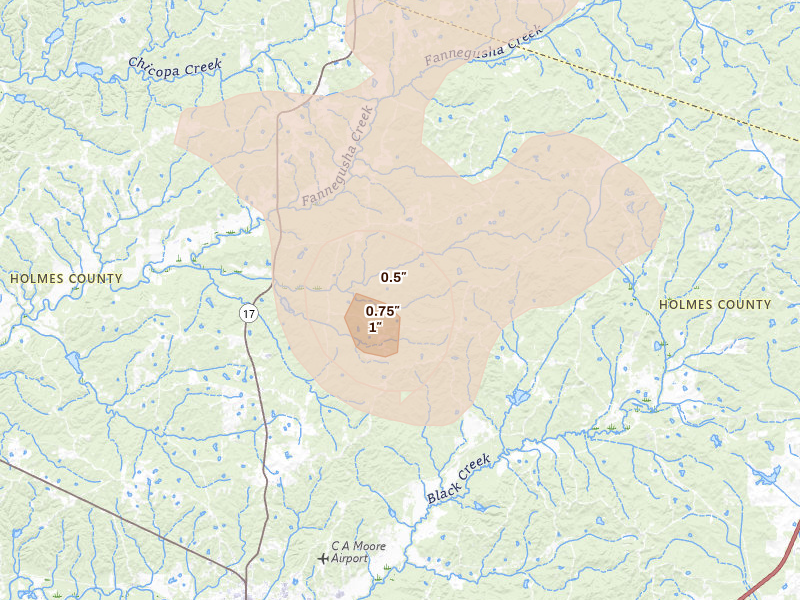 Radar-estimated hail-size map of the storm over Durant, MS on Aug 26, 2026