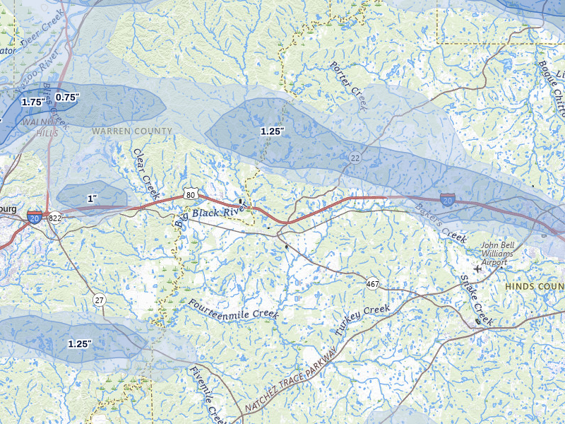 NEXRAD radar-signature map of the hail over Edwards, MS