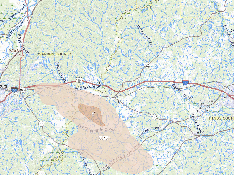 Radar-estimated hail-size map of the storm over Edwards, MS on Apr 25, 2026