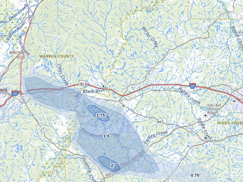 NEXRAD radar-signature map of the hail over Edwards, MS