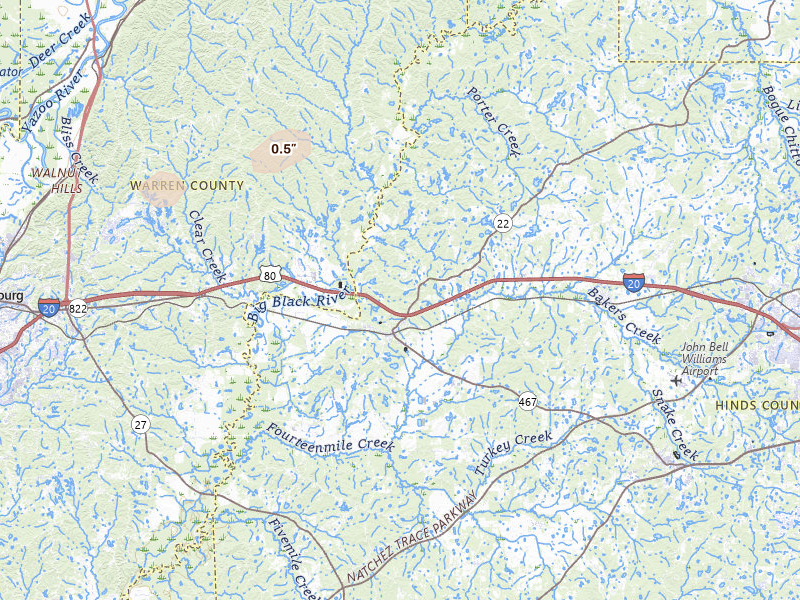 Radar-estimated hail-size map of the storm over Edwards, MS on May 6, 2026