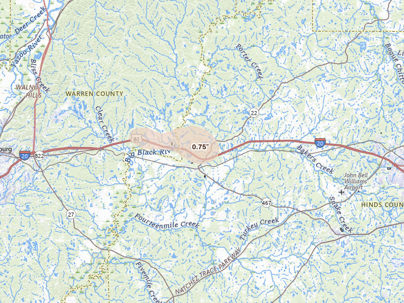 Radar-estimated hail-size map of the storm over Edwards, MS on Jul 1, 2026