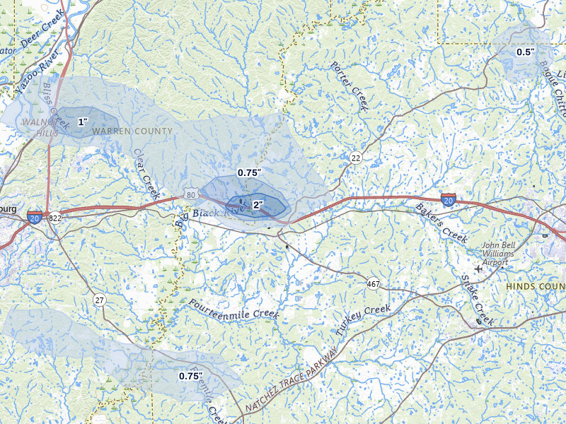 NEXRAD radar-signature map of the hail storm over Edwards, MS on Jul 1, 2026