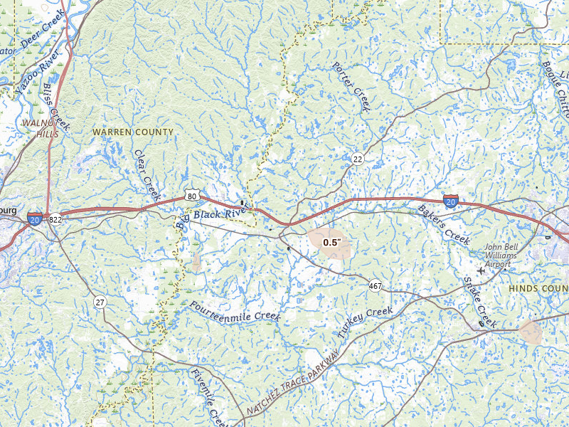 Radar-estimated hail-size map of the storm over Edwards, MS on Jul 6, 2026