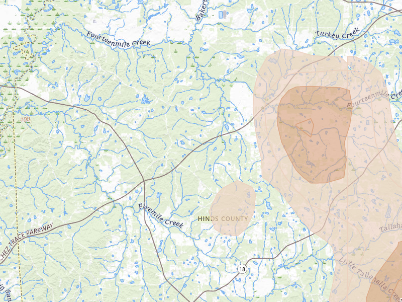 Radar-estimated hail-size map of the storm over Edwards, MS on Aug 21, 2026