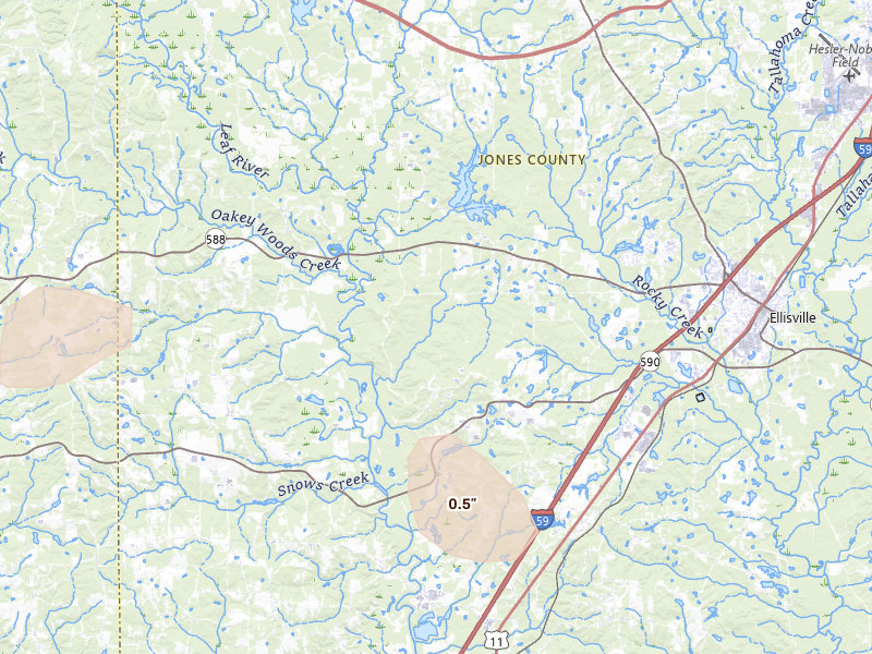 Radar-estimated hail-size map of the storm over Ellisville, MS on Apr 26, 2026