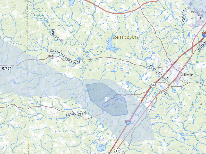 NEXRAD radar-signature map of the hail over Ellisville, MS