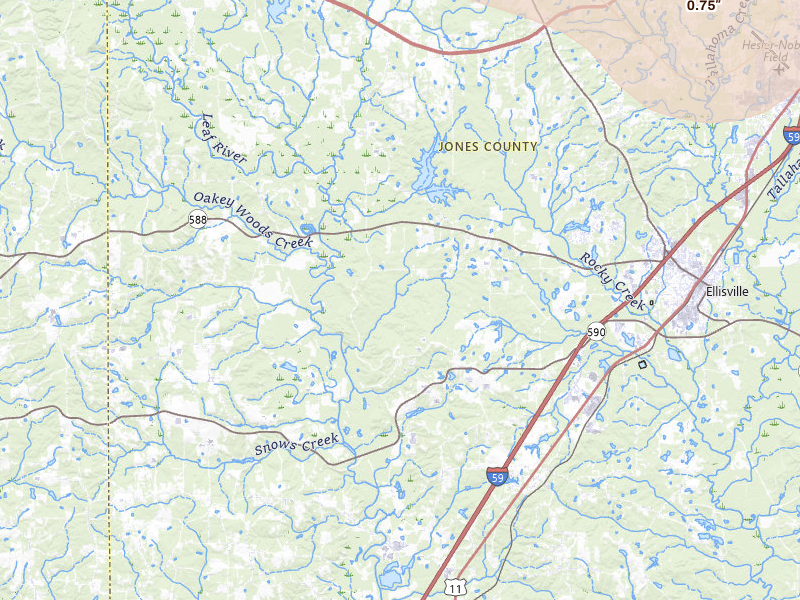 Radar-estimated hail-size map of the storm over Ellisville, MS on Jun 19, 2026