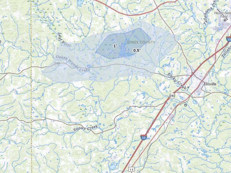 NEXRAD radar-signature map of the hail storm over Ellisville, MS on Jul 30, 2026