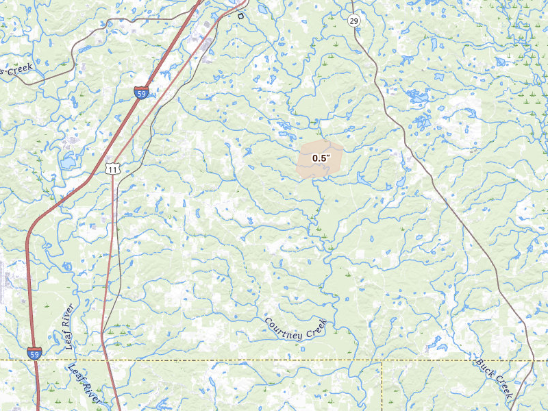Radar-estimated hail-size map of the storm over Ellisville, MS on Aug 17, 2026