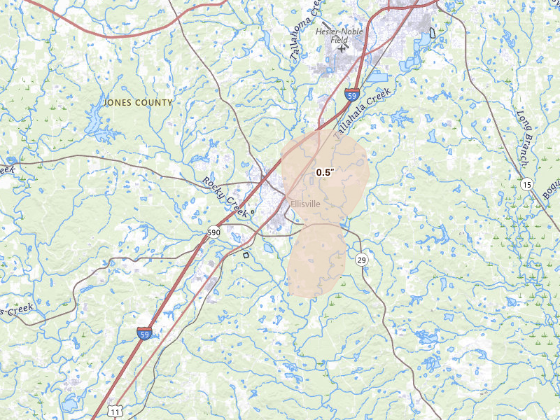 Radar-estimated hail-size map of the storm over Ellisville, MS on Aug 26, 2026