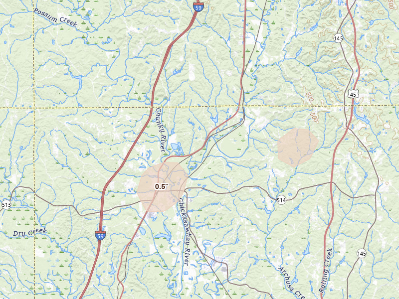 Radar-estimated hail-size map of the storm over Enterprise, MS on May 6, 2026