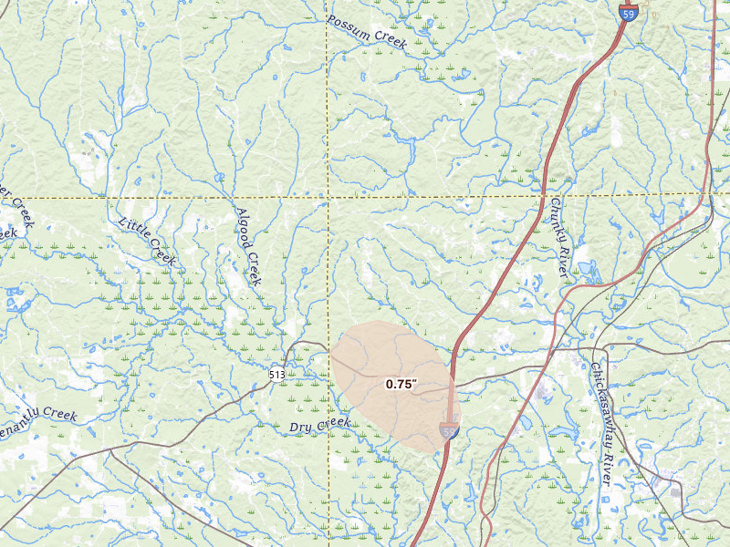 Radar-estimated hail-size map of the storm over Enterprise, MS on Aug 19, 2026