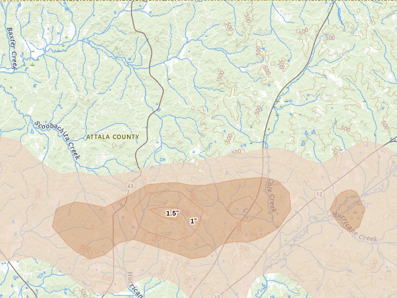 Radar-estimated hail-size map of the storm over Ethel, MS on Apr 28, 2026