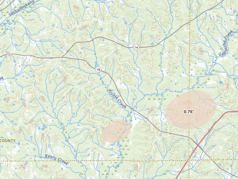 Radar-estimated hail-size map of the storm over Ethel, MS on May 6, 2026