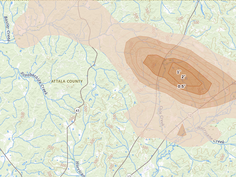 Radar-estimated hail-size map of the storm over Ethel, MS on May 10, 2026