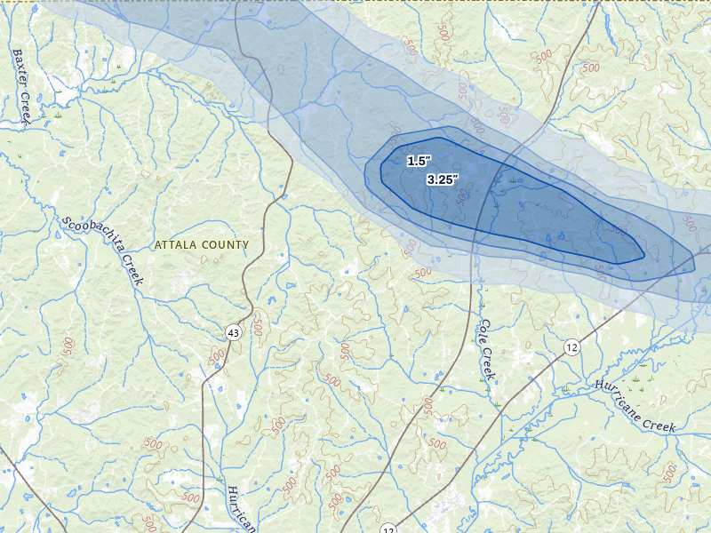 NEXRAD radar-signature map of the hail storm over Ethel, MS on May 10, 2026