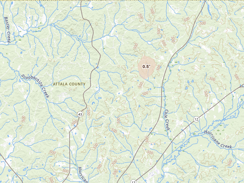 Radar-estimated hail-size map of the storm over Ethel, MS on May 29, 2026