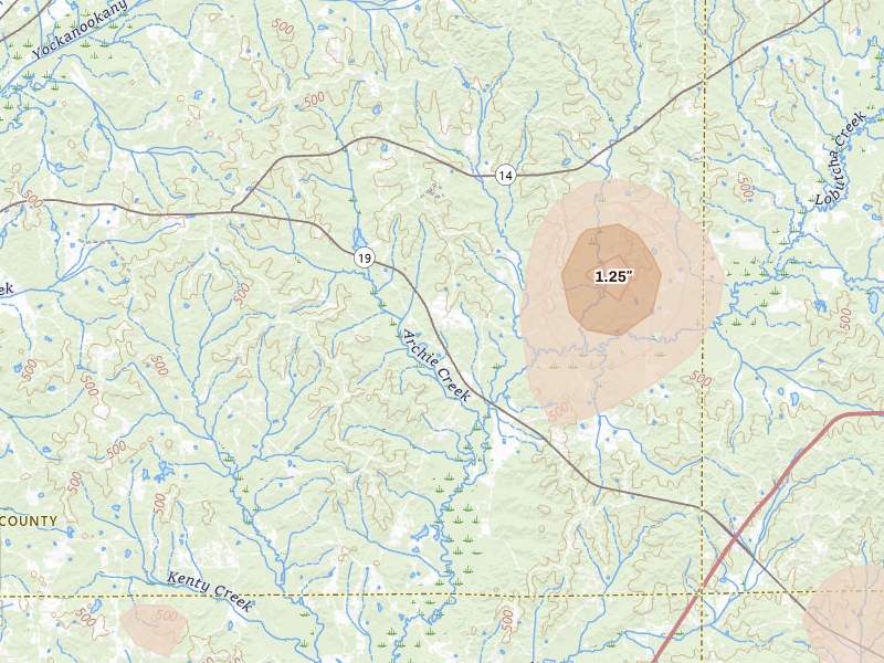 Radar-estimated hail-size map of the storm over Ethel, MS on Aug 19, 2026