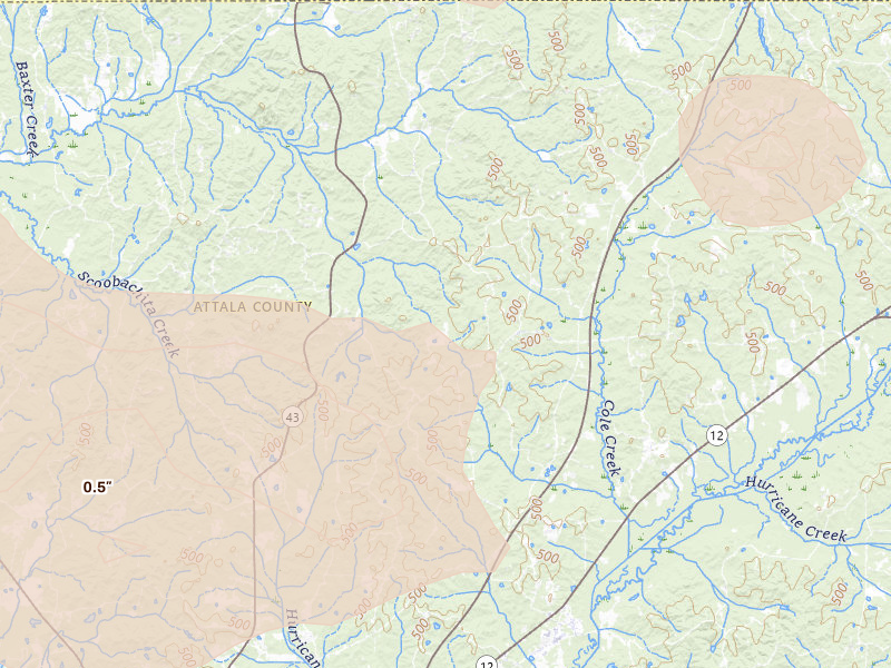 Radar-estimated hail-size map of the storm over Ethel, MS on Aug 20, 2026