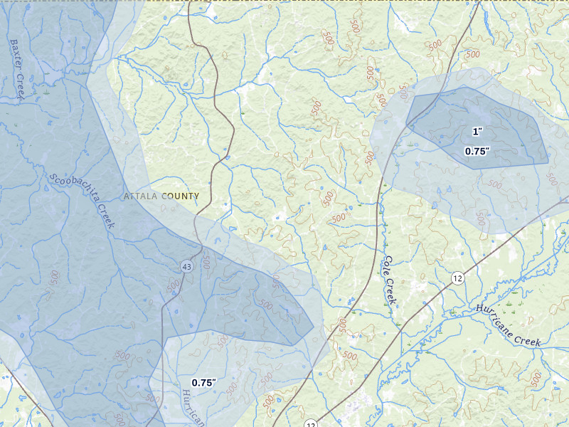 NEXRAD radar-signature map of the hail storm over Ethel, MS on Aug 20, 2026