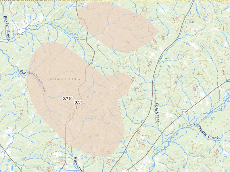Radar-estimated hail-size map of the storm over Ethel, MS on Aug 26, 2026