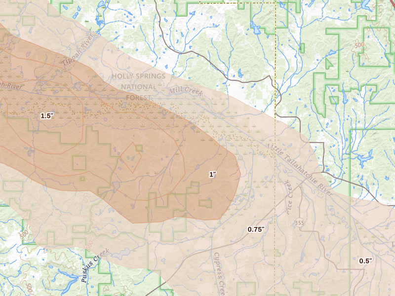 Radar-estimated hail-size map of the storm over Etta, MS on Feb 26, 2026