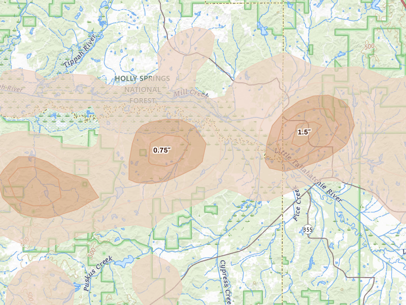 Radar-estimated hail-size map of the storm over Etta, MS on Apr 28, 2026