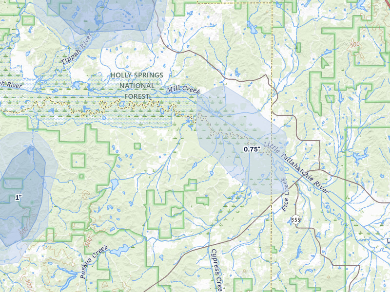 NEXRAD radar-signature map of the hail storm over Etta, MS on Jul 1, 2026