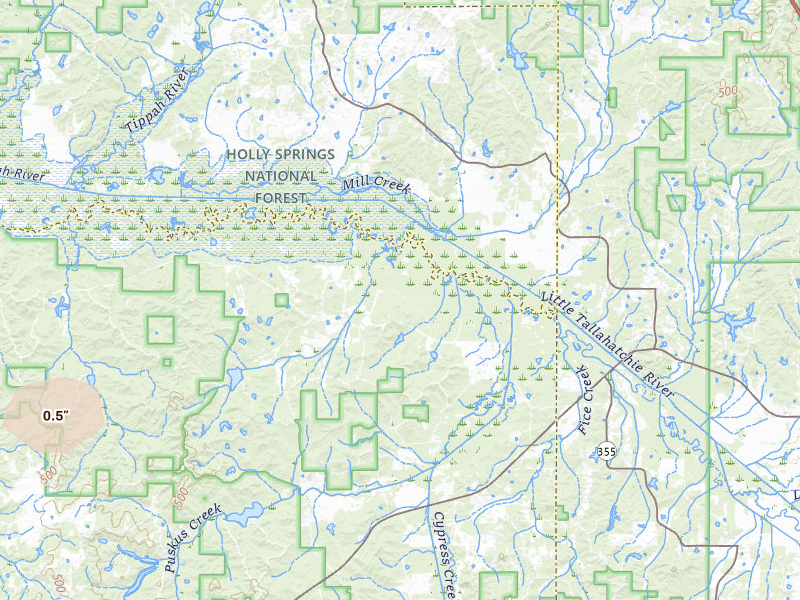 Radar-estimated hail-size map of the storm over Etta, MS on Jul 31, 2026