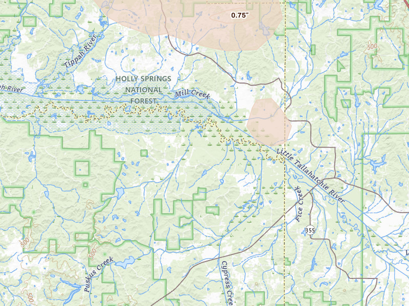 Radar-estimated hail-size map of the storm over Etta, MS on Aug 26, 2026