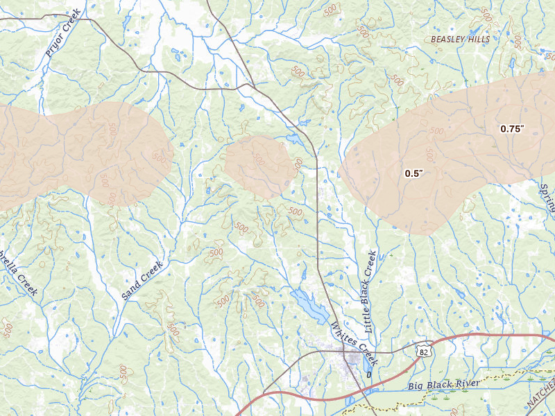 Radar-estimated hail-size map of the storm over Eupora, MS on Apr 28, 2026