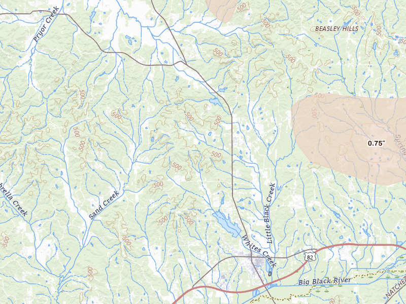 Radar-estimated hail-size map of the storm over Eupora, MS on Jun 19, 2026