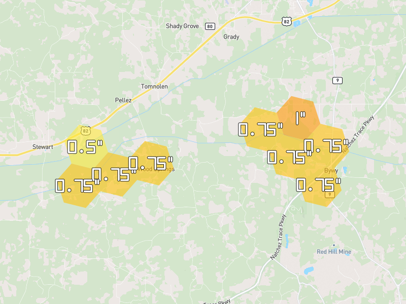 Hail map of Eupora, MS on Jul 1, 2026, hail up to 1"